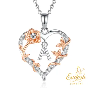 Eudora Flower Initial Heart Necklace,  Personalized Rose Gold Plated Letter Pendant, Perfect Valentine’s Day Gift for Her, Meaningful Alphabet Jewelry