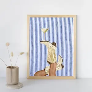 Cowgirl Martini Print, Blue Striped Poster, Dry Martini Print, Rodeo Poster, Preppy Western Wall Art, Cowboy Boots.