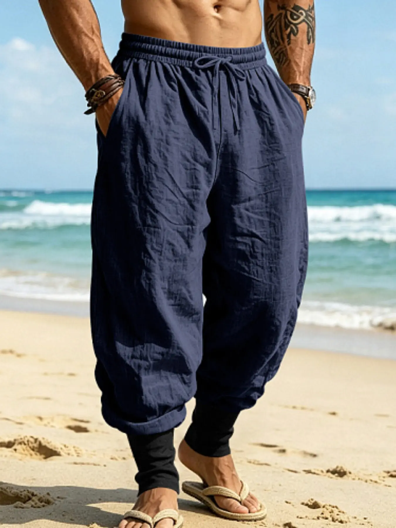European and American Best-Selling Men's Linen Pants - Summer Casual Loungewear Pants Loose Drawstring Ankle Harem Pants Lightweight Breathable Streetwear Trendy Beach Long Trousers Casual Wear Bottoms