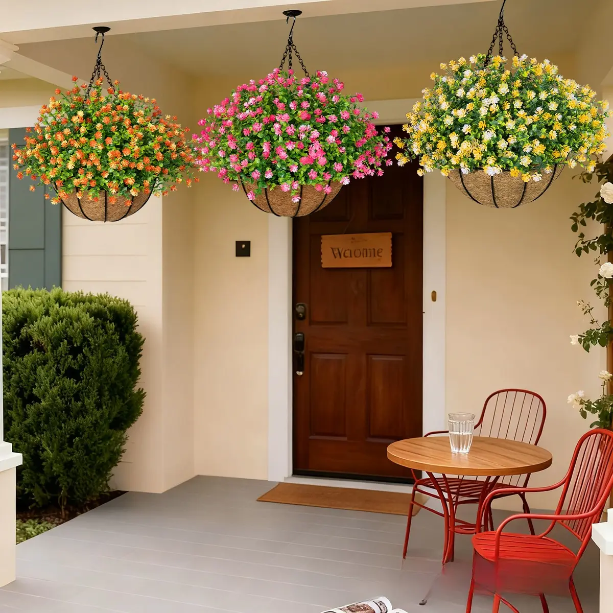 Multi-Size Artificial Eucalyptus, Camellia & Coconut Palm Floral Hanging Baskets - All-Seasons Room Accessories for Home, Garden Decor