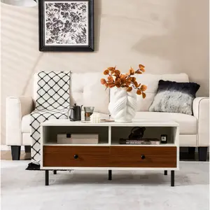Giantex rectangular coffee table with storage, 2-tier wooden coffee table with 2 drawers, coffee table, coffee table for living room, wooden center coffee table with storage drawers
