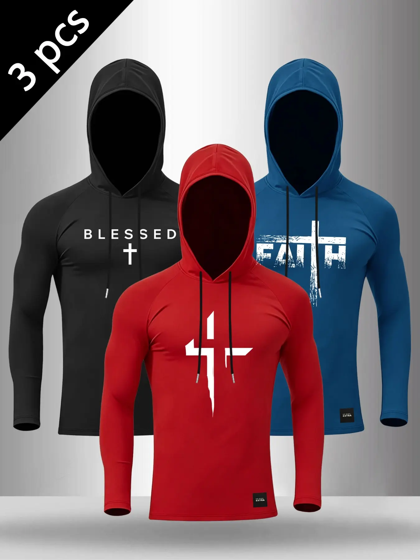 Men's Christian Faith Hooded Compression Activewear Long Sleeve Athletic Clothing, Cross & "Faith/Blessed" Print Athletic Shirts, Gym Workout Streetwear Tops #ChristianAthletic #CompressionShirt #FaithInspiredGym #WorkoutHoodie #TikTokMadeMeBuyIt