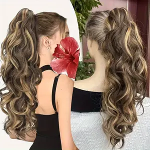20 Inch Women's Clip-In Ponytail Wig, Long Curly Puffy Deep Wave Extensions, Heat Resistant Synthetic Fiber, Smooth Hair, Suitable for Parties, Weddings, Daily Use, Wavy Synthetic Hairpiece