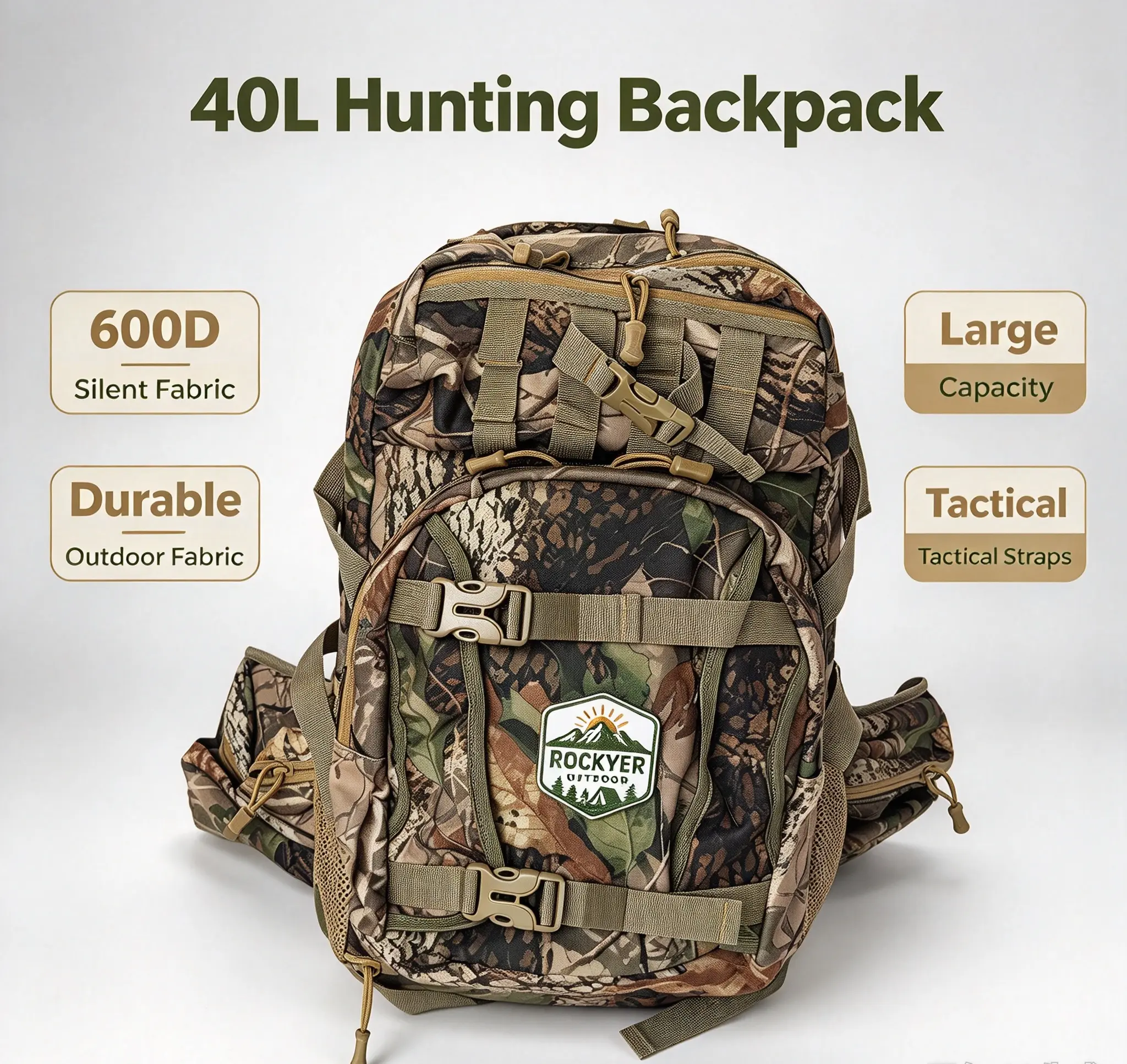 Unisex 40L Camouflage Hunting Backpack, 600D Quiet Silent Fabric Tactical Hunting Pack, Adjustable Shoulder & Compression Straps, Large Capacity Daypack for Bow Hunting, Trekking, Camping & Backcountry Trips