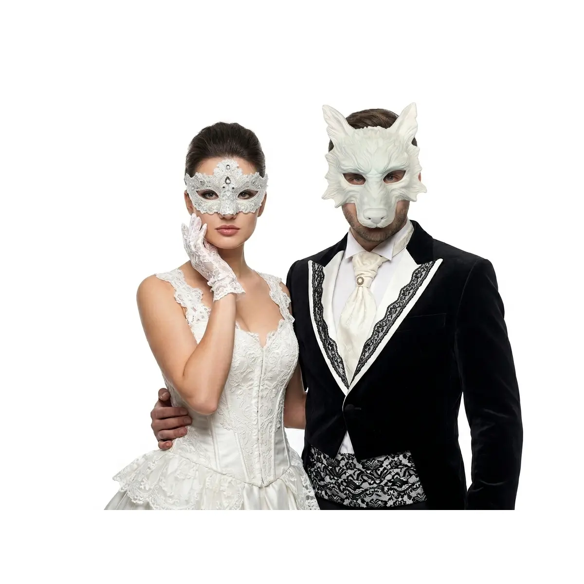 White Couple Masquerade Party Masks , Women Lace Mask, Men's wolf Mask