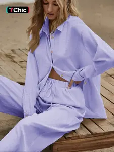 Two-piece Set Women's Solid Color Button Front Shirt & Wide Leg Pants, Casual Comfy Set for Daily Wear, Ladies Clothes for All Seasons, Casual Lounge Set