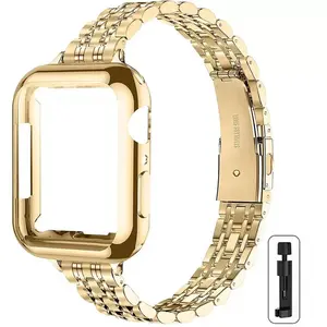 1-piece Women Stainless Steel Golden Strap+Golden Case, Smart Watch Strap, Smartwatch Strap, Compatible with Apple Watch Series S10 38mm,40mm,41mm,42mm,44mm,45mm,49mm, for iWatch Ultra1/2/3 Series S10 S11 SE Includes Tool & Accessories Watch Straps