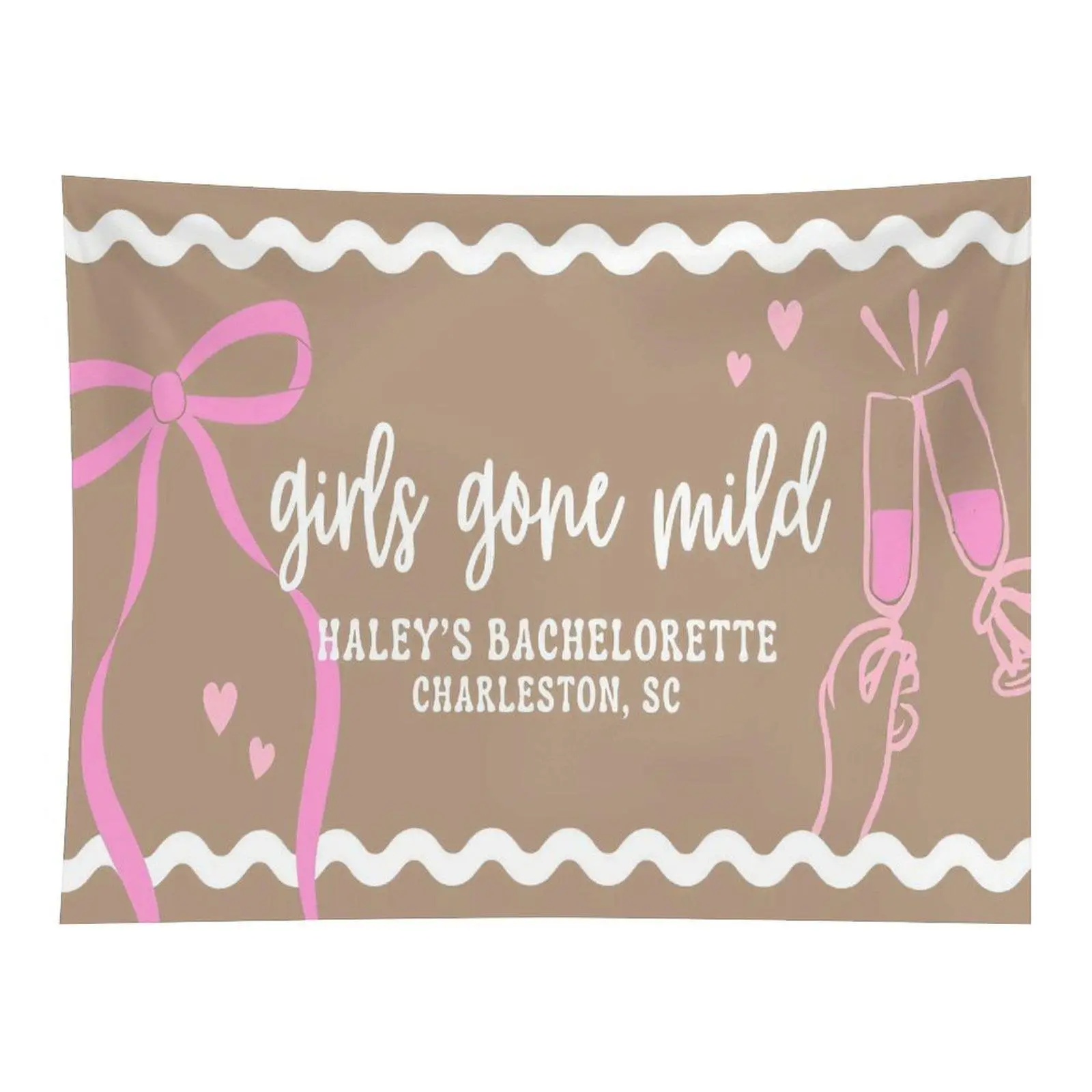 Girls Gone Mild Bachelorette Party Pink Bow Champagne Glass Retro Wall Tapestry for Bridal Event Room Decor