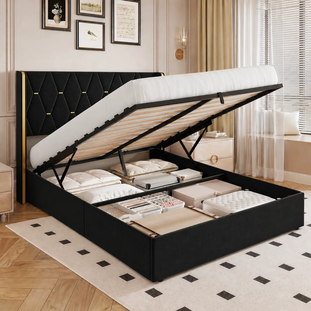 SA-Garvee Full to Queen Size Lift-Up Storage Bed Frame, Velvet Upholstered Bed Frame with Gold Wingback Headboard, Diamond Tufted Design, Gold Trim & Hydraulic Support, No Box Spring Needed, Full Size Bed Frames