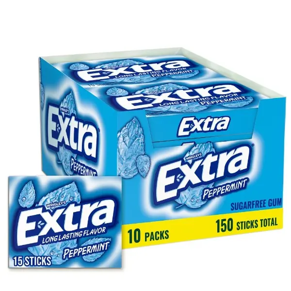 Peppermint Chewing Gum, Individually Wrapped, Bulk, 15 ct, 10 Pack | Cool peppermint sugar free gum, refreshing flavor for school, work, commutes and travel, lunch box, road trips