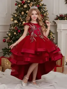 Girls' Halloween Christmas Dress, Princess Seraphina Dress, Long Tail Party Gown, Embroidered Flowers, Multi-Layer Mesh Skirt Design, Princess Style