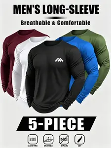 5-Pack Men's Long Sleeve T-Shirts, Casual Loose-Fit, Breathable Quick-Dry, All-Season, Comfortable Home Wear, Ideal for Gym & Outdoor Activities