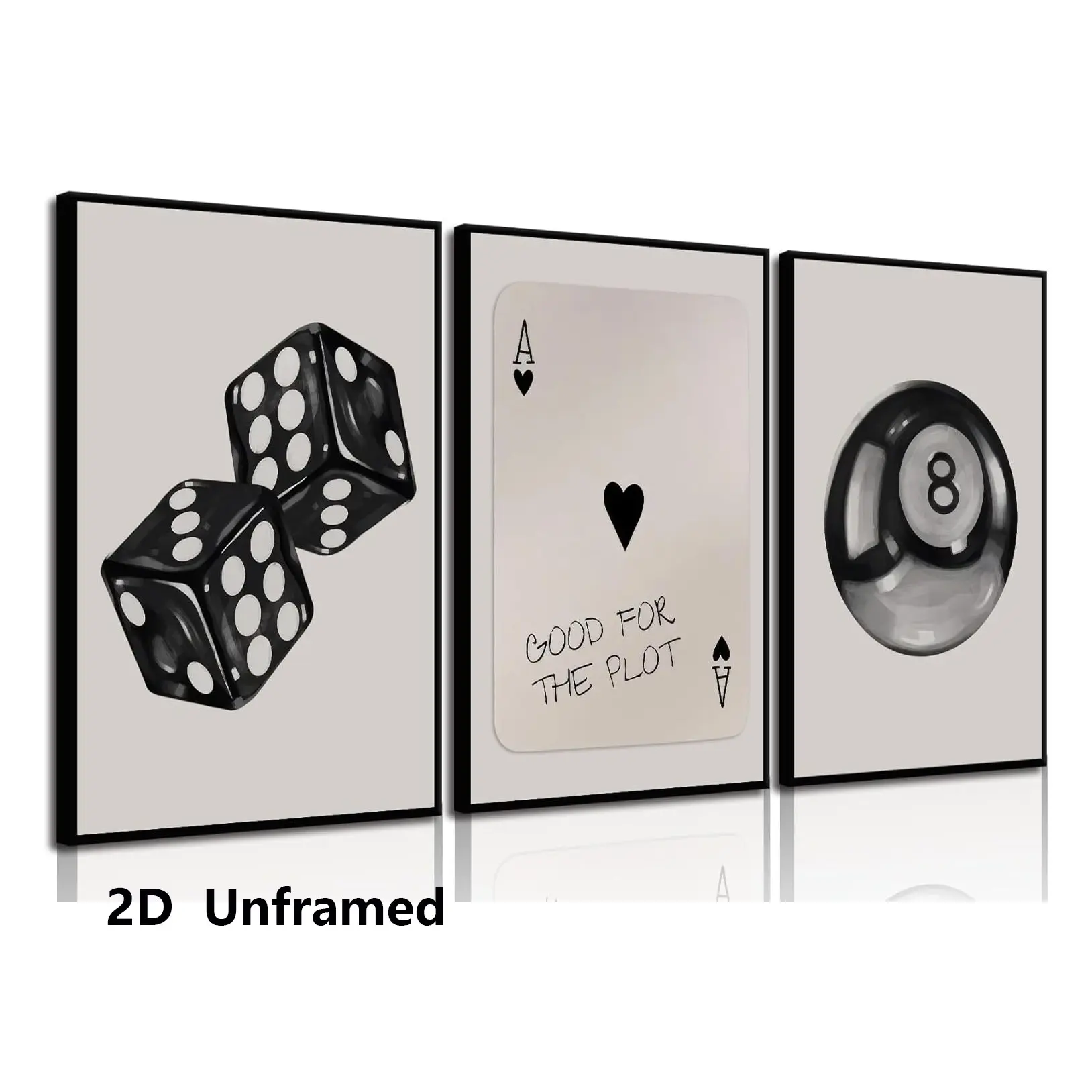 Set of 3, Black and White Playing Card Dice Home Wall Art – Retro, Y2K, and Preppy Styles – “Lucky 8” Ball Poster – Canvas Print – Aesthetic Decor for Game Rooms, Apartments, and Dorm Rooms – Frameless