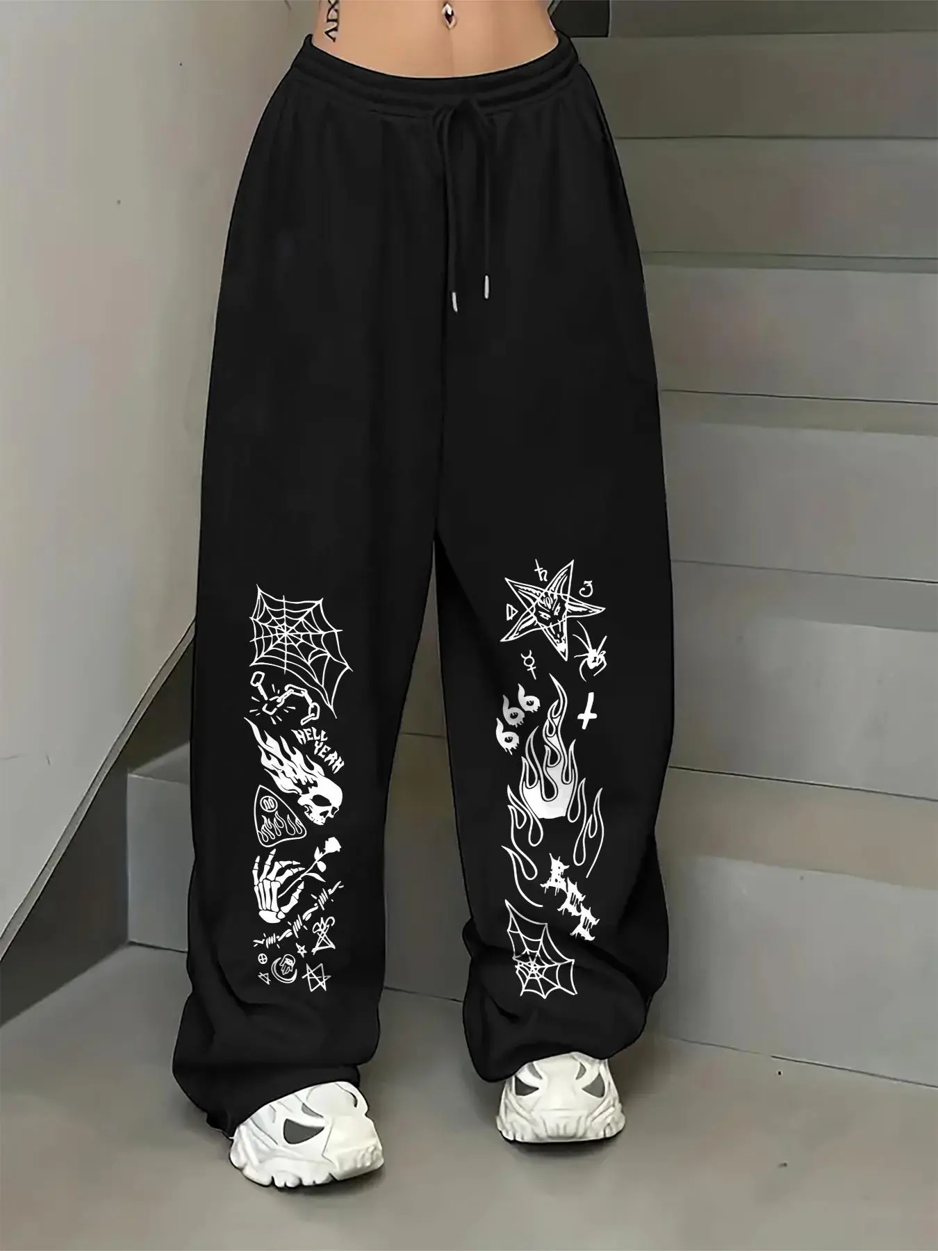 Women's Skull Print Drawstring Waist Sweatpants, Casual Gothic Jogger Pants for Daily Wear, Ladies Bottoms for Summer