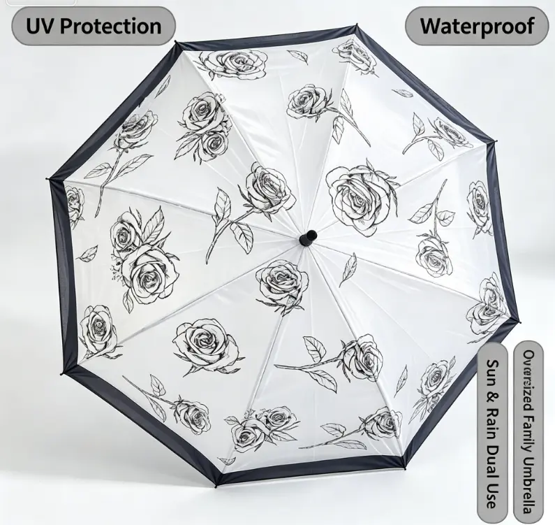 Black White Rose Pattern Long Handle Umbrella, Large Family Straight Umbrella, Sun Rain Dual Use Parasol Water Proof