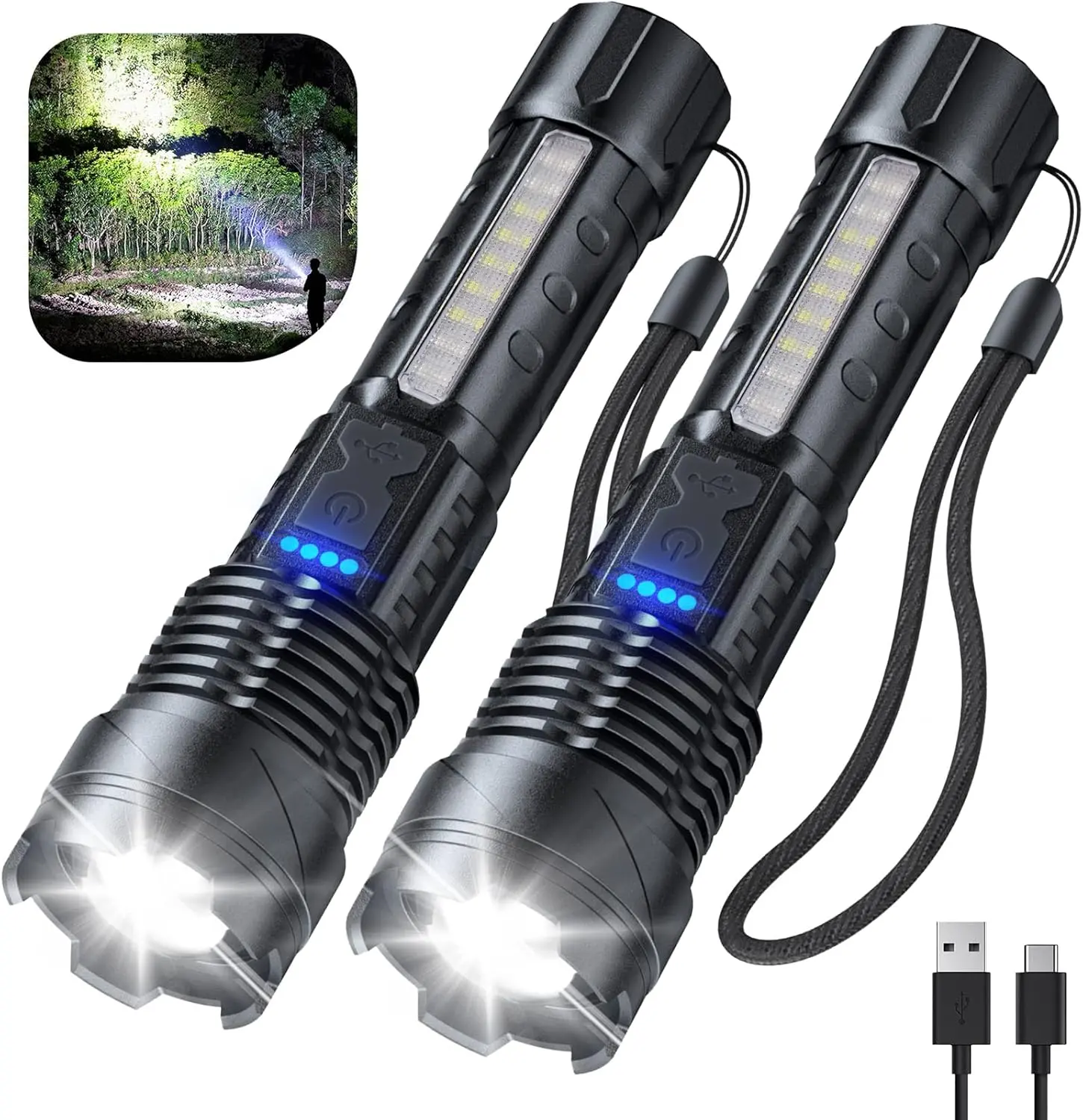 Flashlight High Lumens Rechargeable 2 Pack, 990000 Lumen Super Bright Led Flashlights with 7 Light Modes, IPX6 ,  Handheld Flash Light for Camping Home