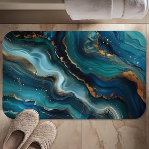 Elegant Teal & Gold Ocean Wave Bath Mat: Abstract Bathroom Decor, Luxury Spa Floor Accent
