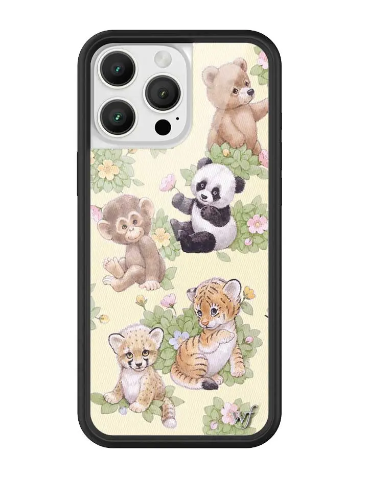 Safari Babies | Limited Edition Trendy Collab iPhone Case | Raised Protective Black Bumper | Women Owned Small Business | Light Yellow Background Bright Greenery Bear Panda Monkey Cheetah Fox | Safety Casing Protective | Gift for Her