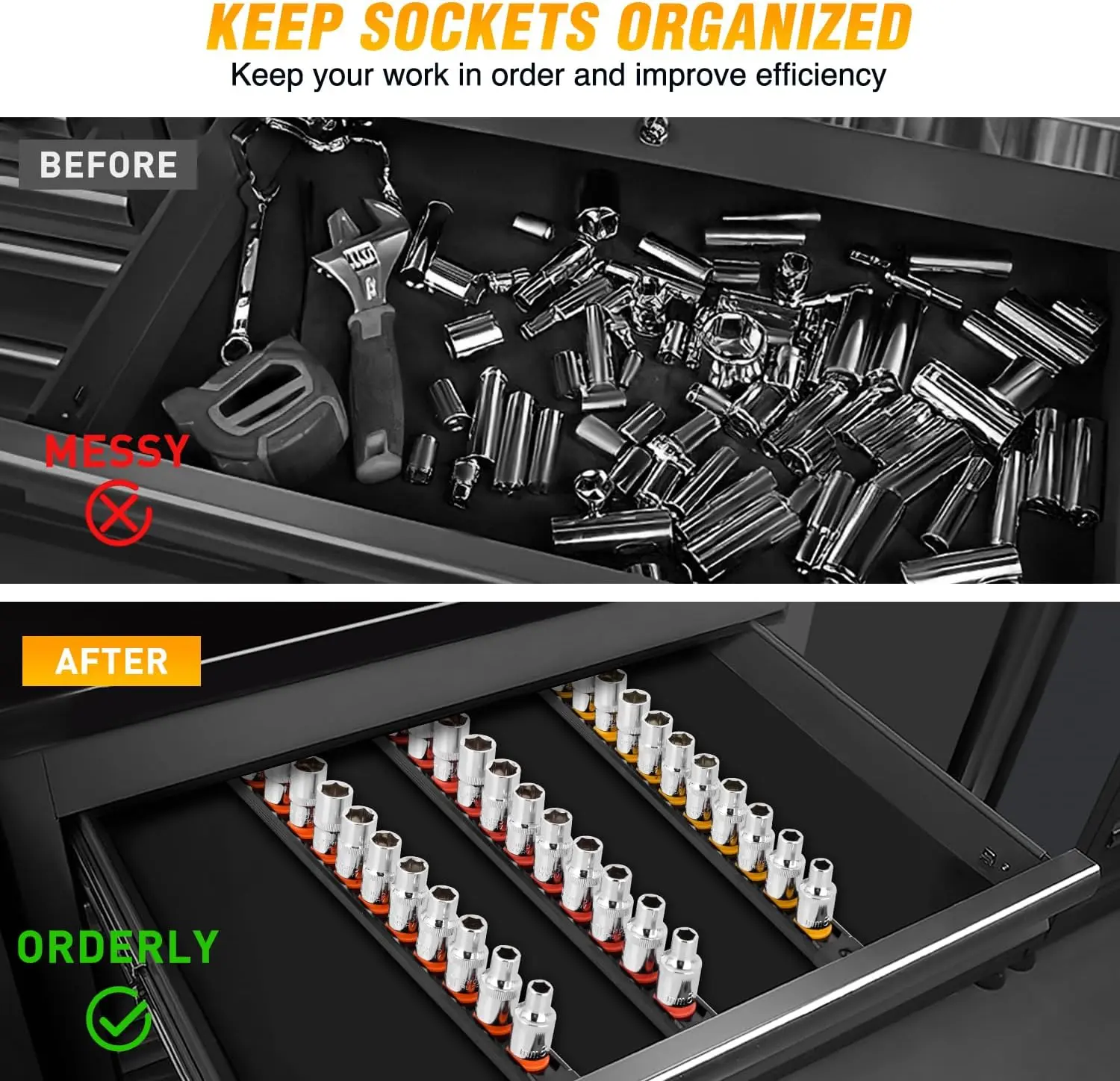 GOOACC Magnetic Socket Organizer 1/4" 3/8" 1/2" Socket Holder Set with 40 360° Swivel Clips Heavy Duty Aluminum Socket Rail Organizer for Tool Box Drawer, 3 Pieces Drive Magnetic Socket Rails Holders