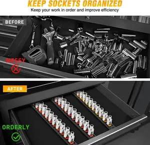 GOOACC Magnetic Socket Organizer 1/4" 3/8" 1/2" Socket Holder Set with 40 360° Swivel Clips Heavy Duty Aluminum Socket Rail Organizer for Tool Box Drawer, 3 Pieces Drive Magnetic Socket Rails Holders