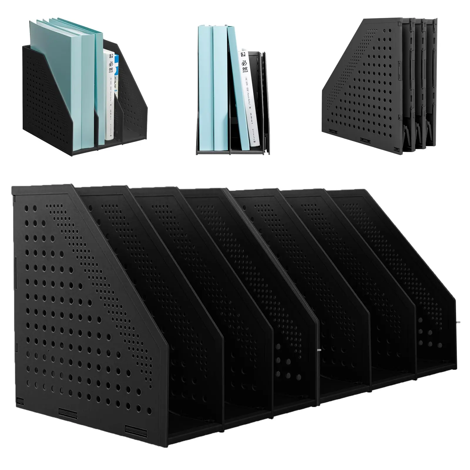 2pcs Collapsible Plastic Magazine File Holder Vertical Binder Storage Organizer For Desk Sturdy Upright Desktop Folder Rack Office School Home (3 Compartments  Black)
