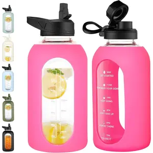 64 oz Glass Water Bottle Jug with Straw and Handle, Half Gallon Sports Motivational Water Bottle with Time Marker, Wide Mouth Water Flask Canteen with Silicone Sleeve for Gym,Camelia