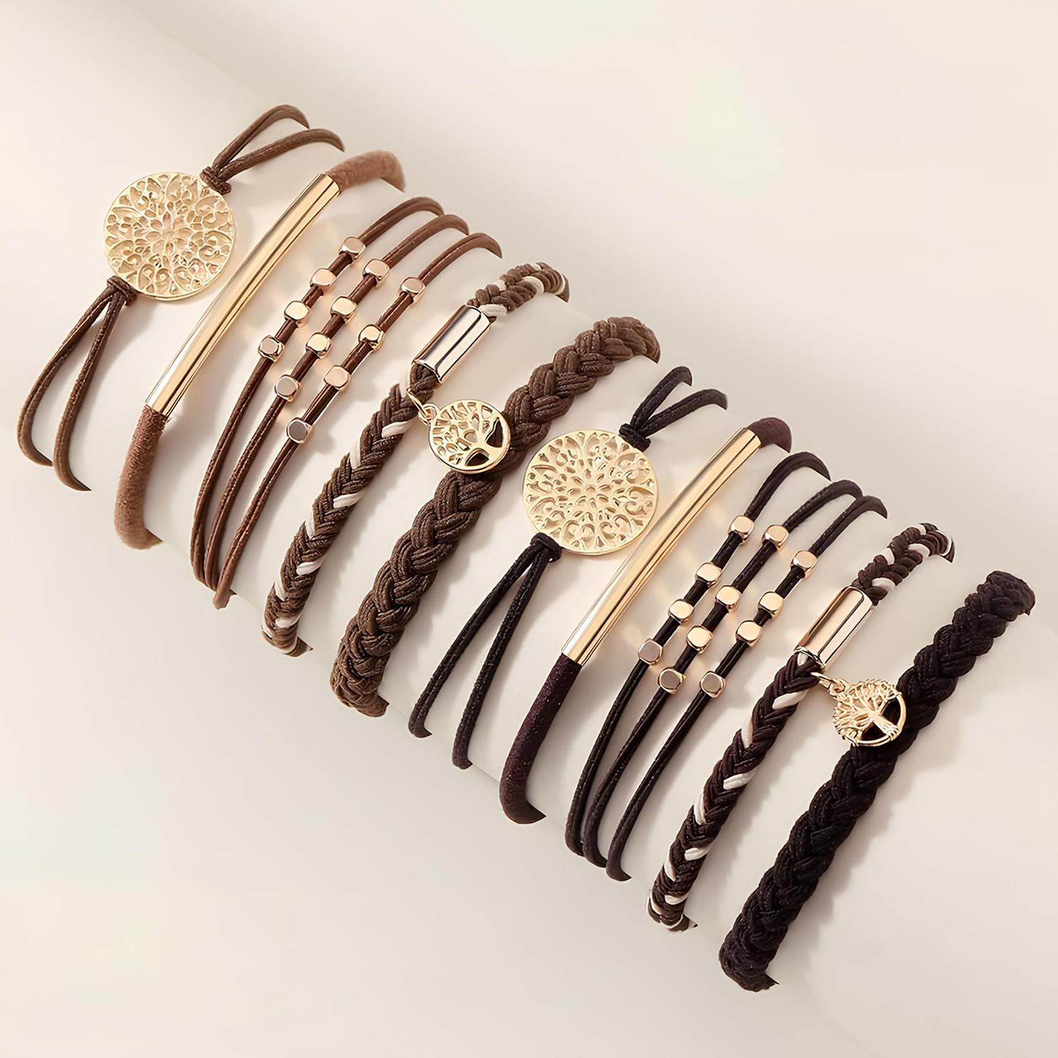 10 Boho Bracelets, Braided & Stretch Hair Ties for Thick/Thin Hair, 5 Styles, Light Coffee Colors - No Damage Ponytail Holders