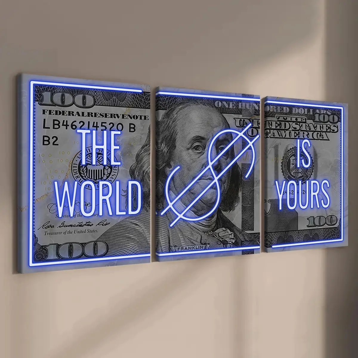 3 count wooden frame canvas, neon money World by you poster, exquisite mural, stylish bedroom decoration, modern home decoration, living room and hallway wall decoration, HD, waterproof, art