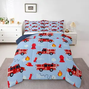 Red Fire Truck Bedding Set,Firefighter Fire Truck Comforter,Fighting Supplies Fireman Car Vehicle Bed Comforter Set,Ambulance Blue Red Quilt
