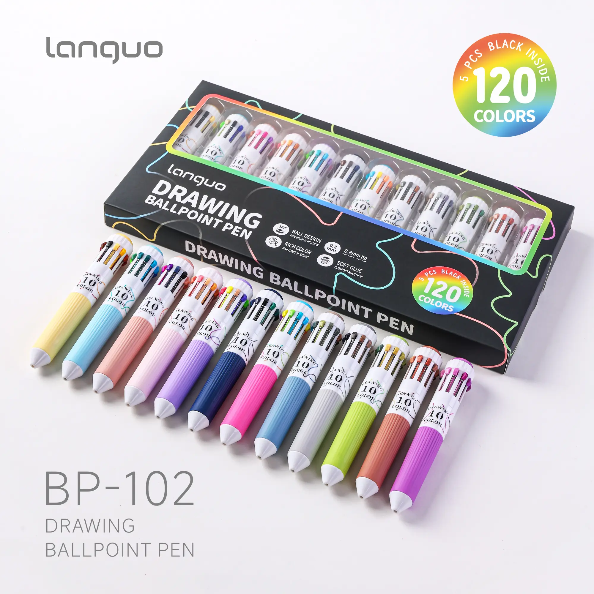 Languo 120-Colors Multicolor Pen, 12PCS 10-in-1 Multicolor Ballpoint Pen Set, 0.8mm Tip Retractable Colored Pens for Drawing and Writing, School Office Art Supplies