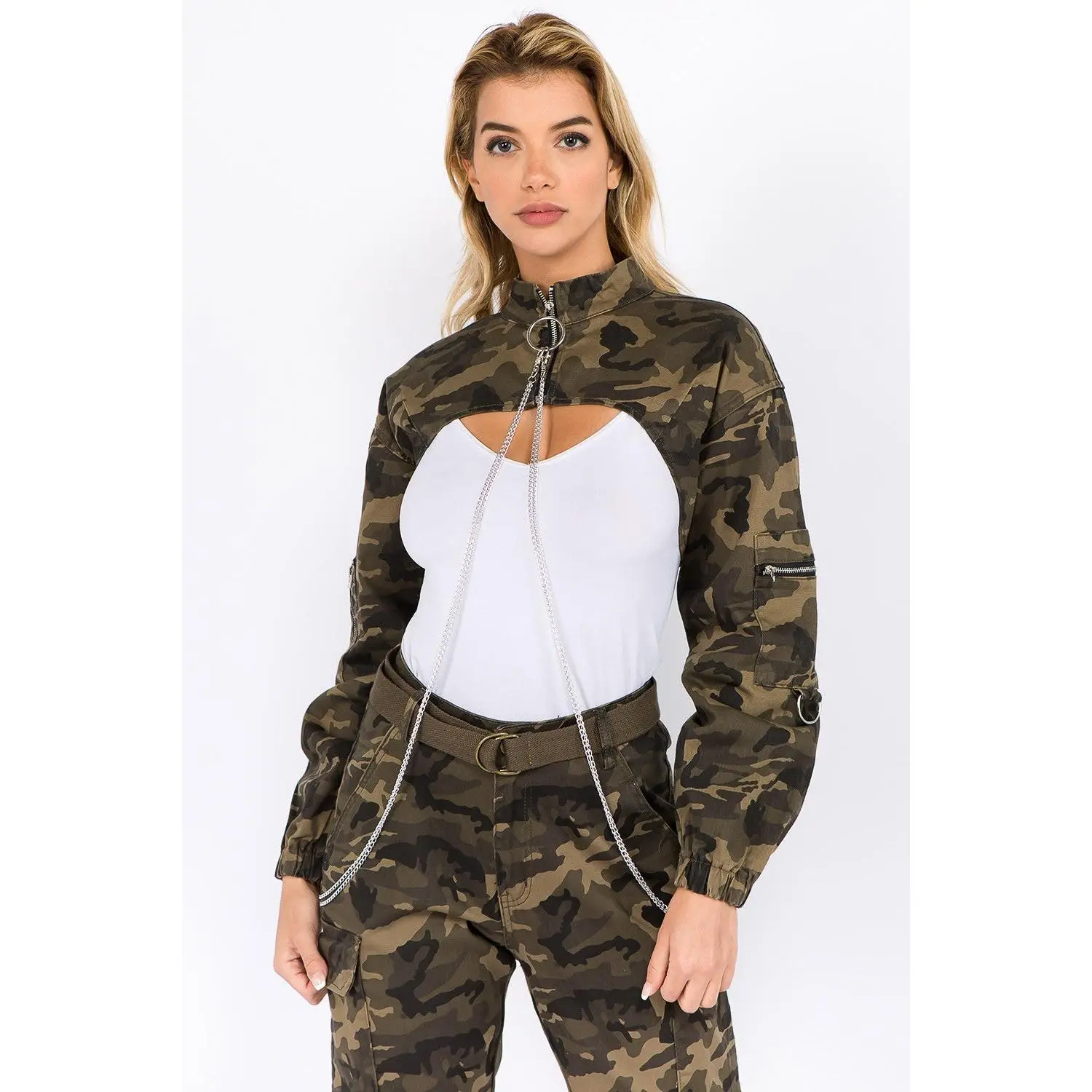 American Bazi Camouflage Cropped Jacket with Chains