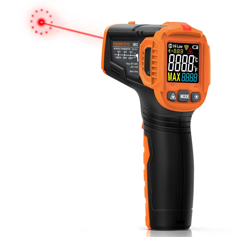 POROMETISTO IM02/IM02Pro Digital Non-Contact Infrared Thermometer, 3-in-1 Measurement, Adjustable Emissivity, 30s Auto Power-Off, High-Low Alarm, -50C to 380C/-58F to 1472F Range, for Industrial Equipment, Workshops