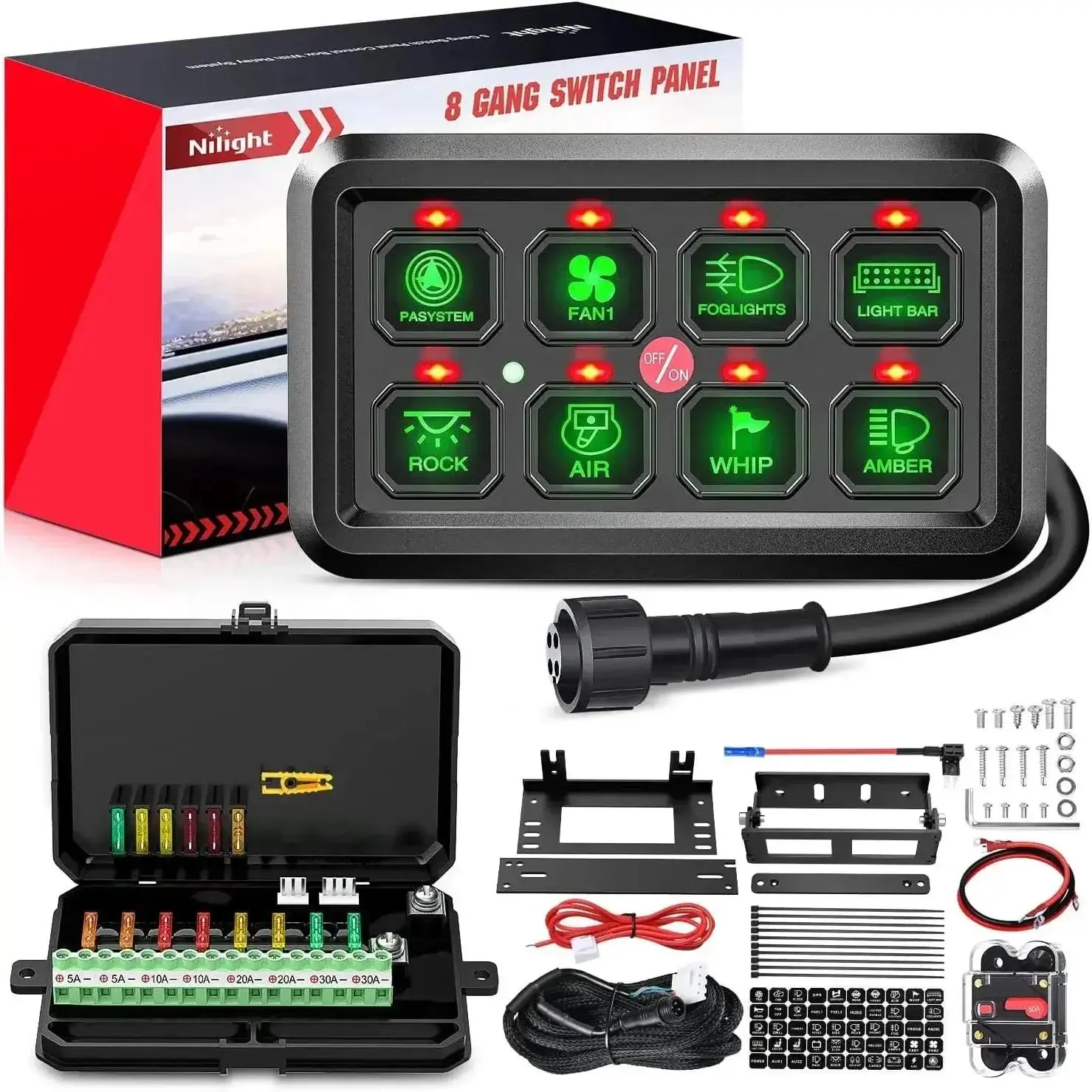 Nilight 8-Gang Multifunction Green Blade Rocker Switch Panel System - 12-24V DC Backlit Dimmer Switches, Overload Guard, Compact Easy-Install Switchboard, Multi-Device Control, 50pcs Reusable Labels for Home Improvement, RV/ATV Users, Power Cable
