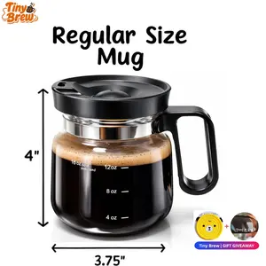TINY Brew Coffee Mug with Lid 16oz Glass Creative Cup, Coffee Lovers' Top Choice, Dimensions: 4.9inchestall, 3.8 inches wide, Includes Coaster, Ergonomic Handle Design,Valentine's Day gift, a little surprisefor your loved one