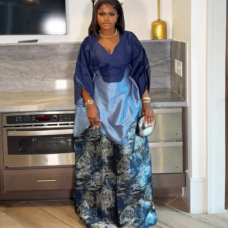 Olori Elegant Mixmatch Boubou Dress embellished with Brocade Fabric for Women Standout in Any Occasion Green & Purple Floral Design