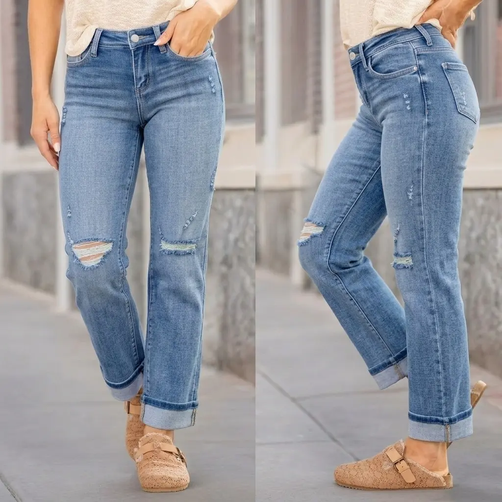 Women's Retro Mid-Rise Ripped Straight Denim Pants - Lady's Streetwear Pocket Jeans, Comfortable Shaping Cut, Distressed Rolled Hem, Blue Wash Cat-Whisker Fade, Breathable Smooth Fabric for Daily Commuting, Women's Clothes sohochic