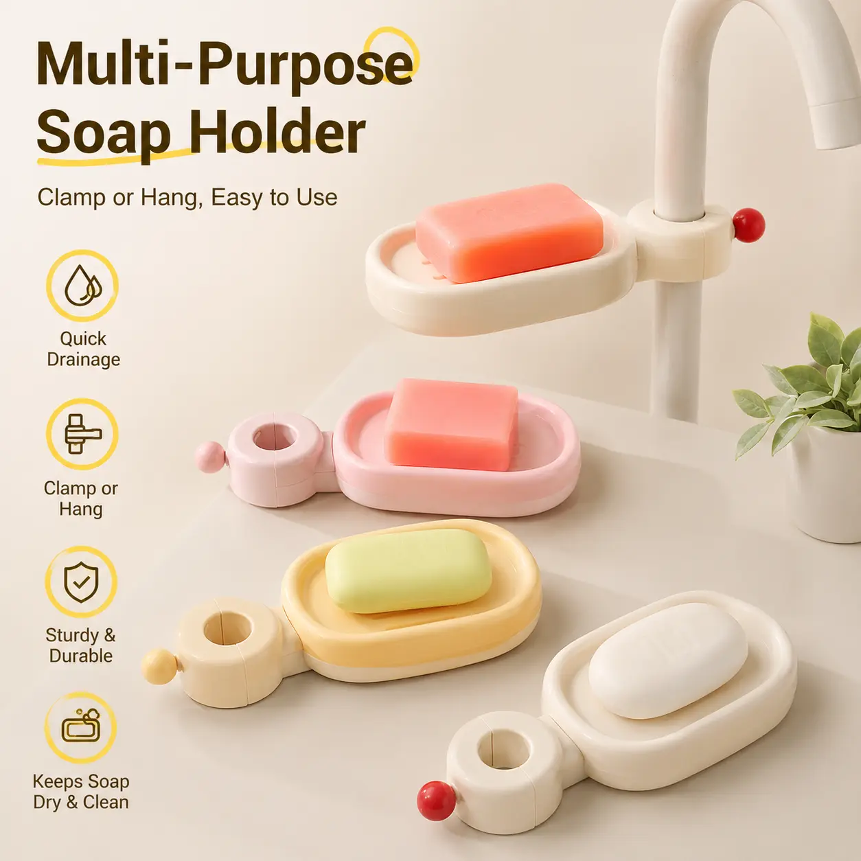 Silicone Drainable Soap Dish with Small Hanging Hook - 1 Count Bathroom Accessory, No Drill Installation, Fits Faucet and Shower Rod for Daily Small Soap Storage