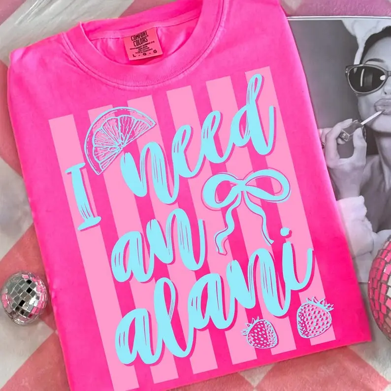 Comfort Colors I Need an Alani T-Shirt - Cute Preppy Summer Gift for Her - Trendy Striped Coquette Bow Graphic Tee - Sassy Girly Quote Workout Top - Fun Birthday Present for Bestie