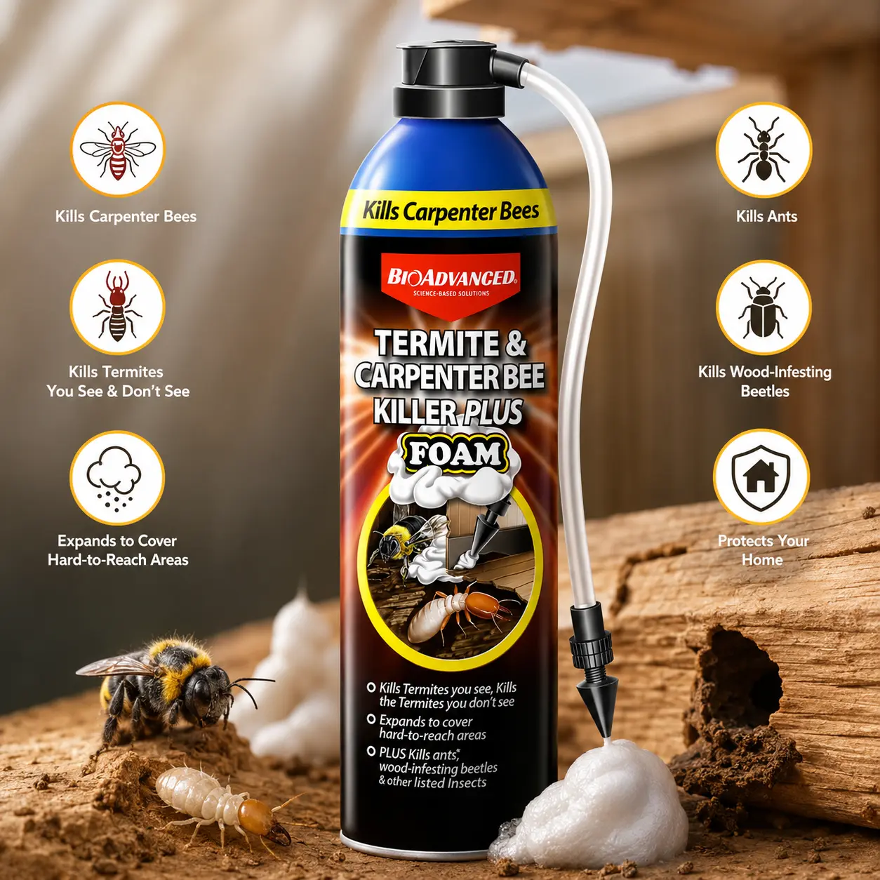 BioAdvanced Termite & Carpenter Bee Killer Plus Expanding Foam Spray - 18 oz Can for Wood-Infesting Pests, Wall German Cockroach Gel Bait Insecticide