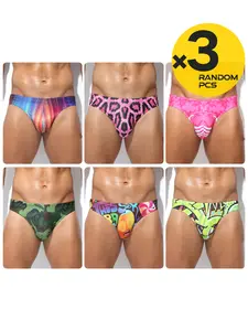 3-pair random color style fashionable printed drawstring trunks for men, comfortable tight-fitting men's trunks, bikini-style men's swimming trunks.