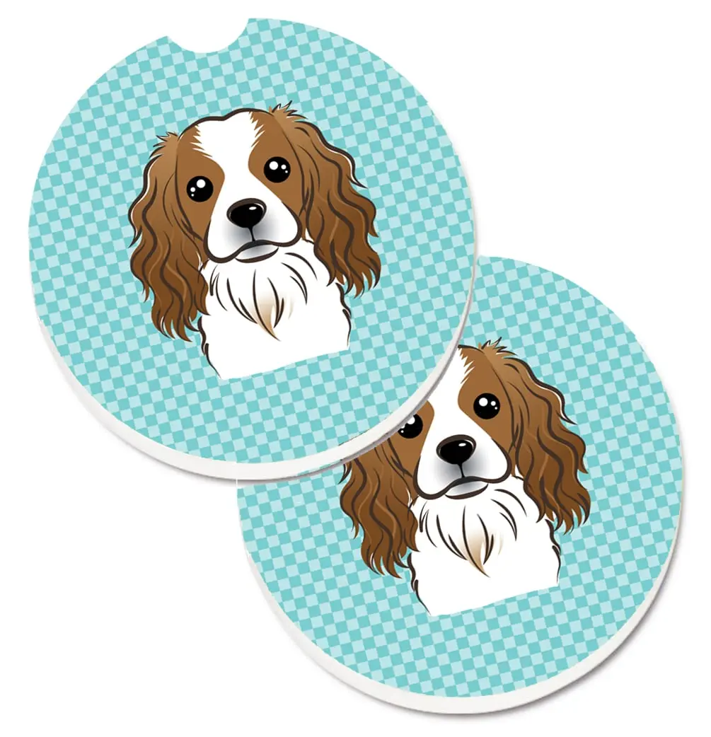 Checkerboard Blue Cavalier Spaniel Car Coaster Set of 2, Colorful Absorbent Sandstone, Cut Out for Easy Removal, Keeps Water From Making Mess, Automotive Interior Decoration Accessory, Checkered