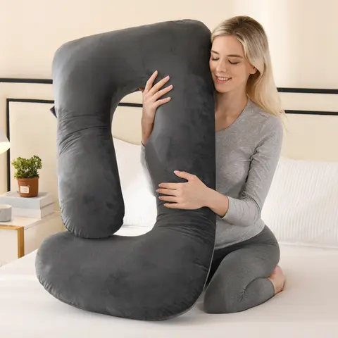 41in J-Shaped Comfortable Pregnancy Pillow for Side-Sleeping Pregnant People, Ergonomic Lumbar Support, 100% Polyester Fill, Removable Easy-to-Clean Machine-Washable Cover, Black Quilted Maternity Supplies