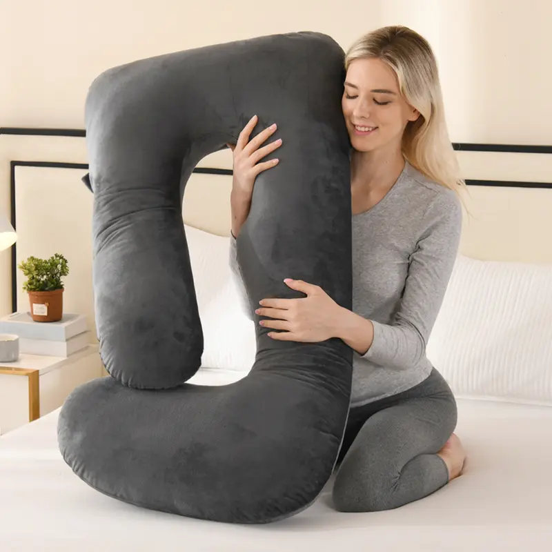 41in J-Shaped Comfortable Pregnancy Pillow for Side-Sleeping Pregnant People, Ergonomic Lumbar Support, 100% Polyester Fill, Removable Easy-to-Clean Machine-Washable Cover, Black Quilted Maternity Supplies