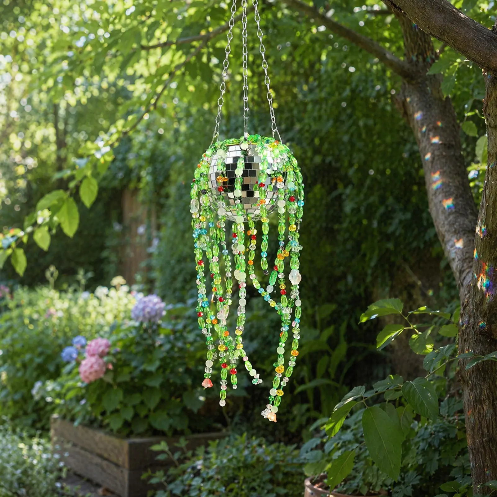 Crystal Sun Catcher, Disco Ball Green Beaded Suncatcher, Rainbow Maker Indoor Outdoor Decor for Window Bedroom, Bless Gift