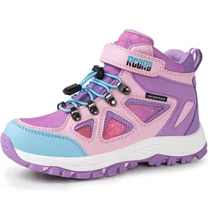 R CORD Kids Hiking Boots Waterproof Girls Hiking Boots Durable TPR Traction Outsole Anti-Skid Athletic Hook and Loop Drawstring Closure Hiking Boots for Outdoor