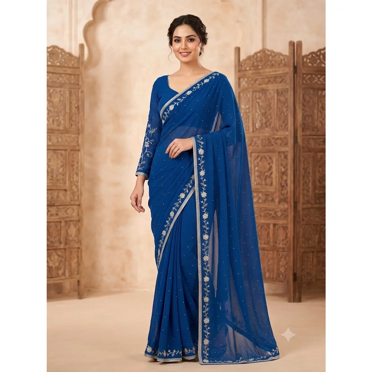 Elegant Blue Georgette Pre-Pleated Saree with Embroidered Blouse
