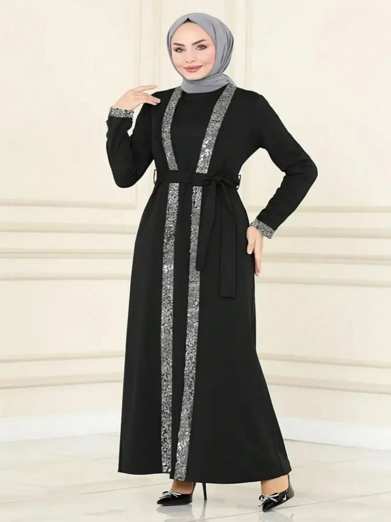 Elegant Patchwork High Waist Belted Arab Dress, Modest Slim-Fit Woven Fabric, All-Season Women's Fashion, Casual & Formal Wear