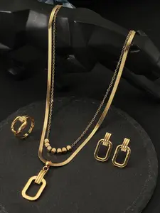 3-Piece Fashion Jewelry Set with Geometric Glossy Pendant, Snake Chain Necklace, Earrings and Ring, Perfect for Bride, Party Gift