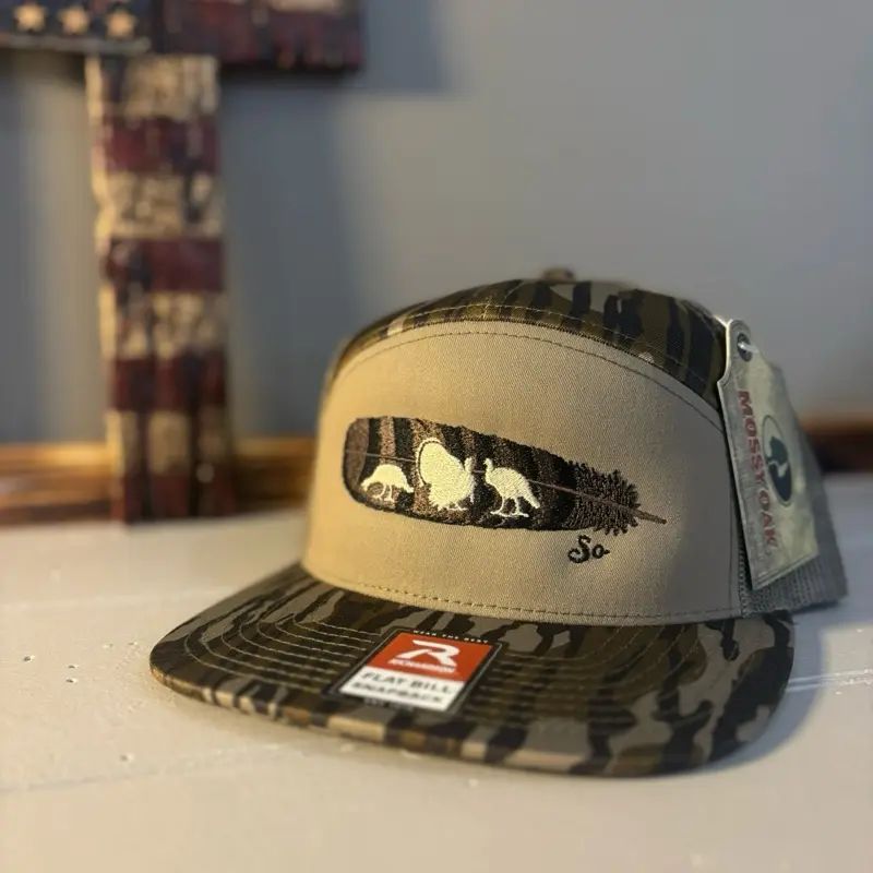 Mossy Oak Camo Richardson 168 Trucker Hat with Feather Turkey Design Adjustable Snapback for Outdoor Enthusiasts