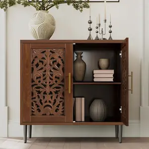 Aesthetic Vintage Hollow - Carved Buffet Cabinet - Sturdy Storage Sideboard with 4 Doors & 2 Shelves, Perfect for Kitchen, Dining & Living Room
